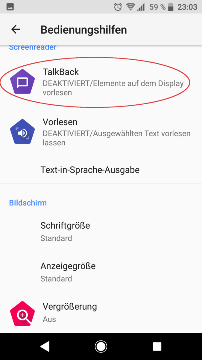 Android 8: Screenreader TalkBack