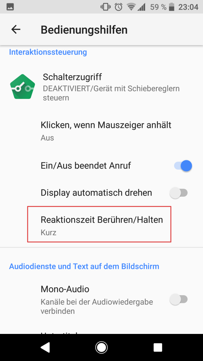 Eingabehilfe in Android; Reaktionszeit zum Halten/Berühren