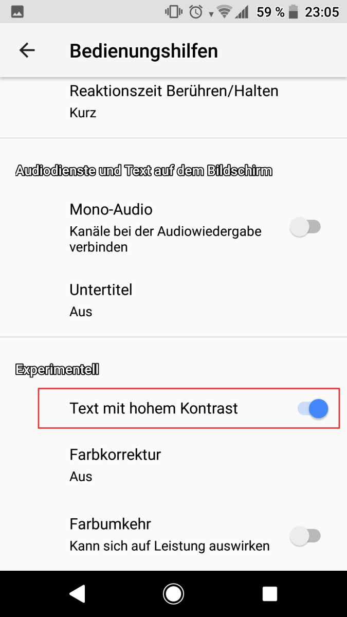 Android8-Einstellungen: Text mit hohem Kontrast eingeschaltet