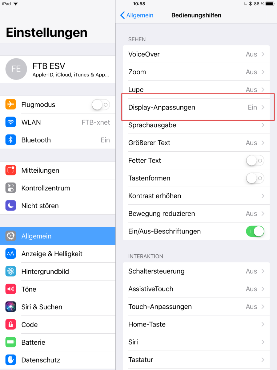 iOS-Einstellungen Bedienungshilfen: Displayeinstellungen zur Auswahl von Farbfiltern