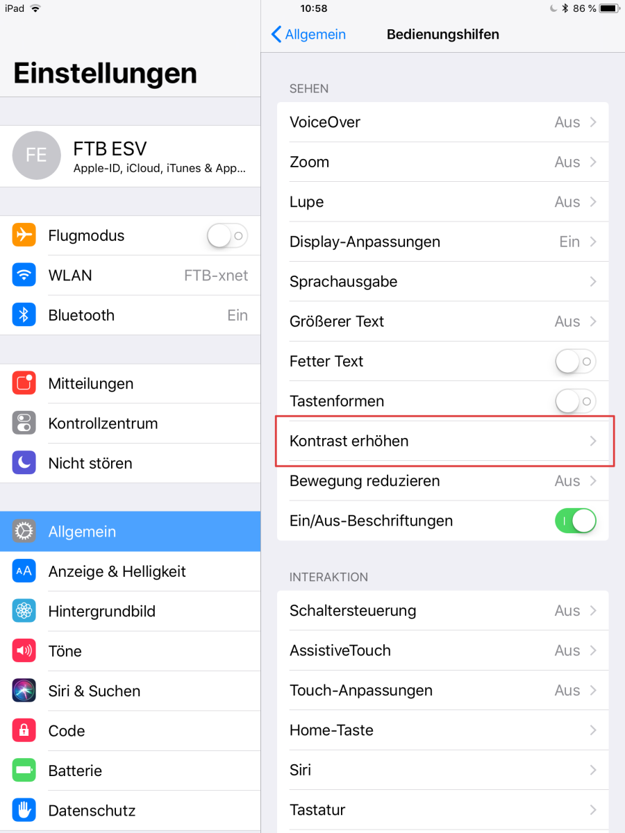 iOS-Einstellungen Bedienungshilfen: Kontrast erhöhen