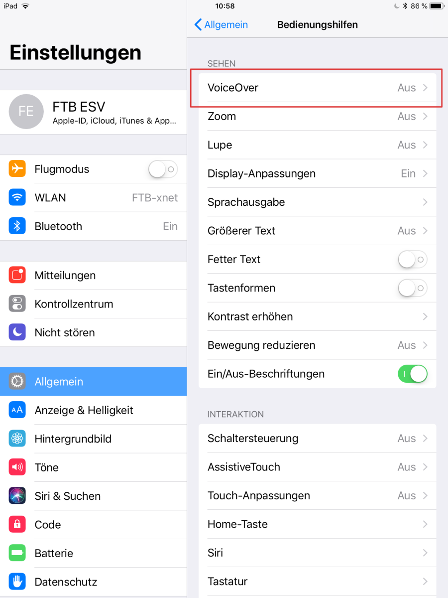 iOS-Einstellungen Bedienungshilfen: VoiceOver