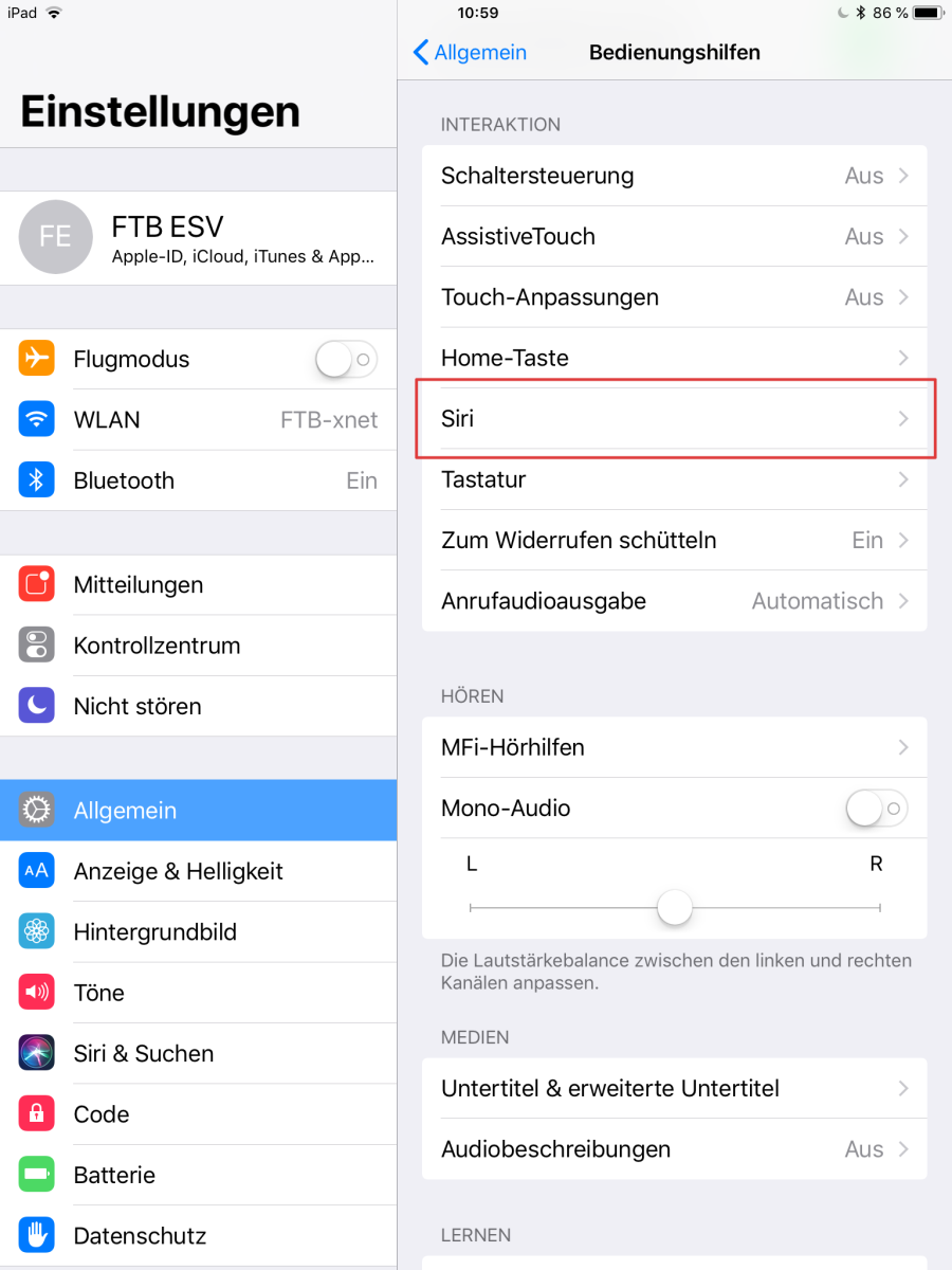 iOS-Einstellungen Bedienungshilfen: Siri (Spracherkennung)