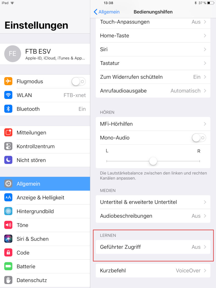 Bedienhilfen iOS: geführter Zugriff