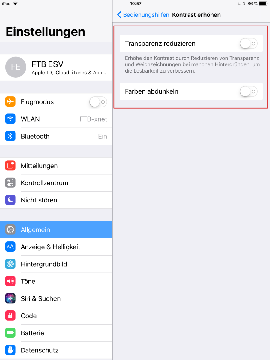 iOS-Einstellungen zur Erhöhung der Kontraste
