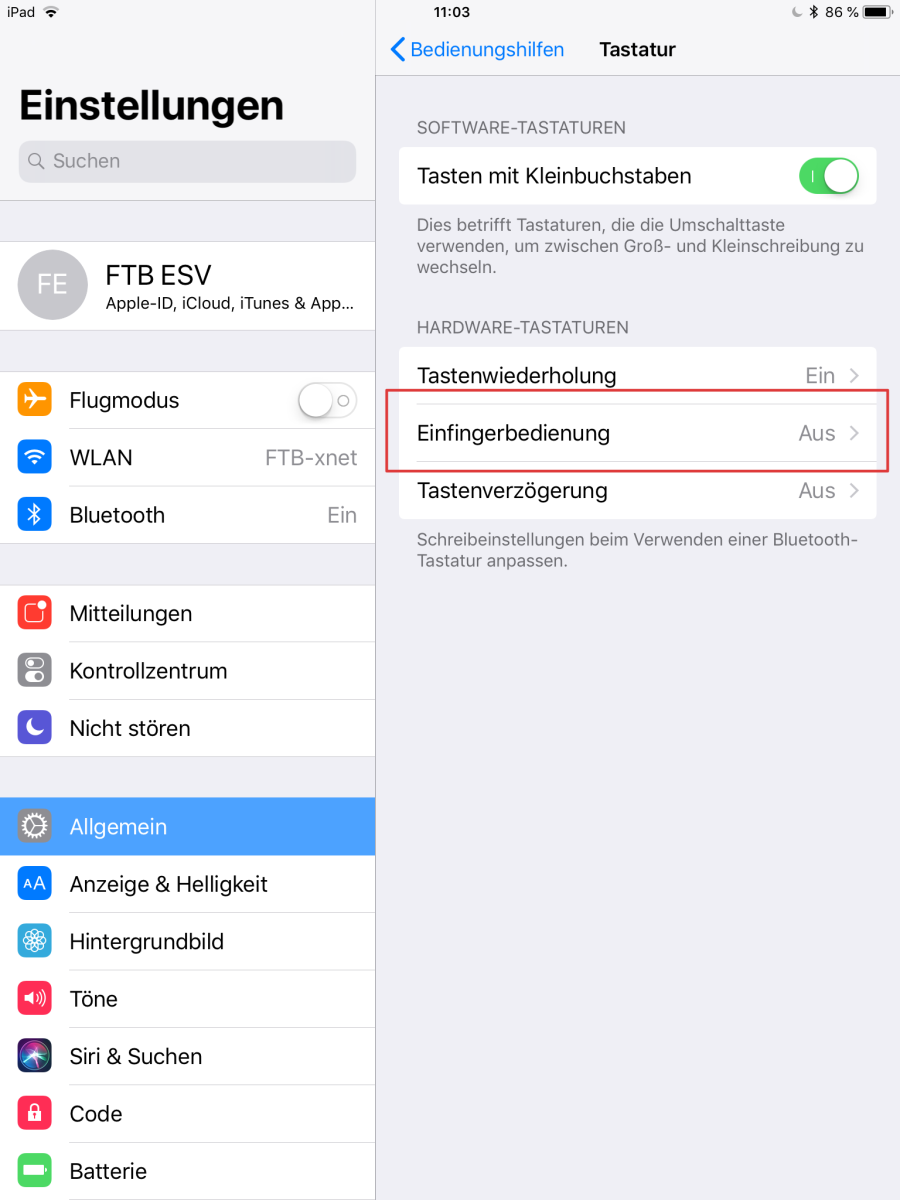 iOS-Einstellungen Bedienungshilfen: Einfingerbedienung