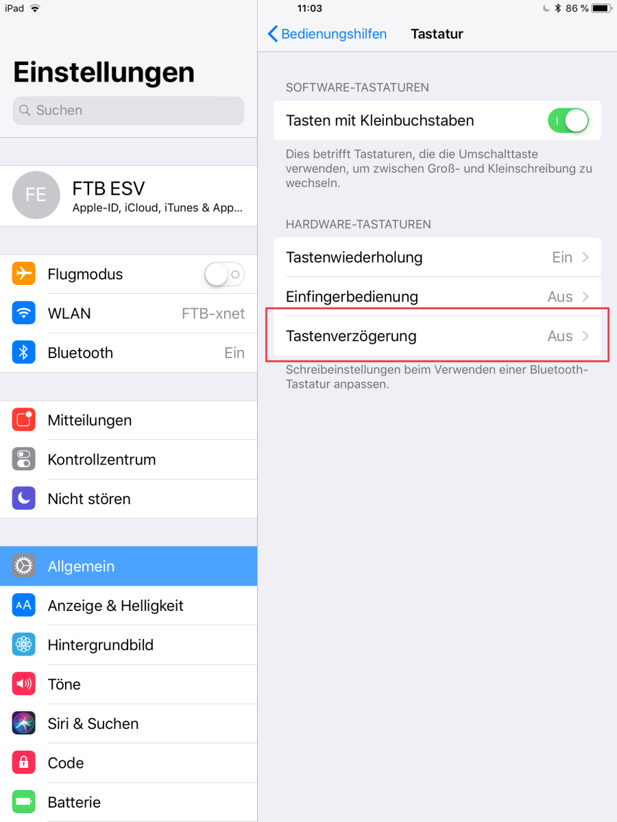 iOS-Einstellungen Bedienungshilfen: Tastenverzögerung