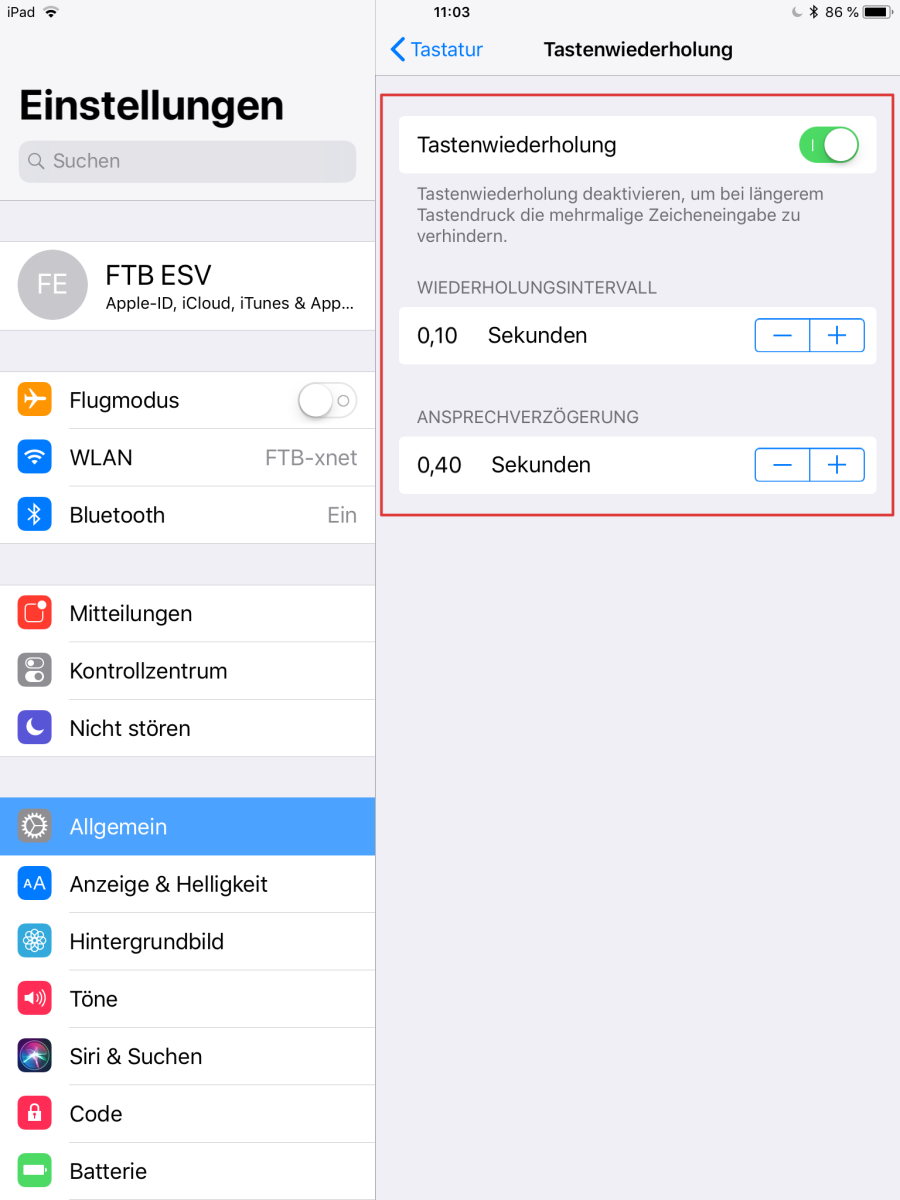 iOS-Einstellungen Bedienungshilfen: Einstellungen zur Tastenwiederholung