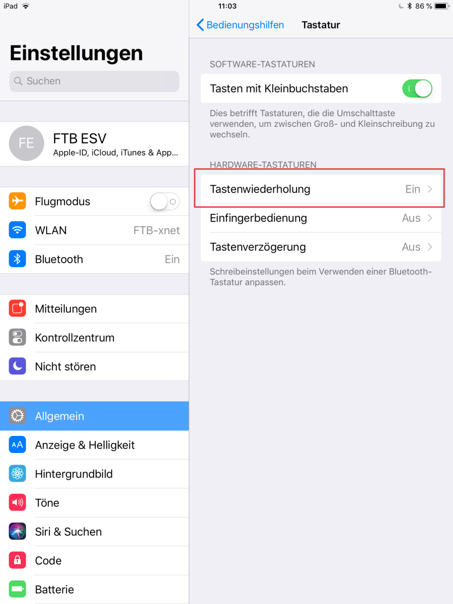 iOS-Einstellungen Bedienungshilfen: Tastenwiederholung