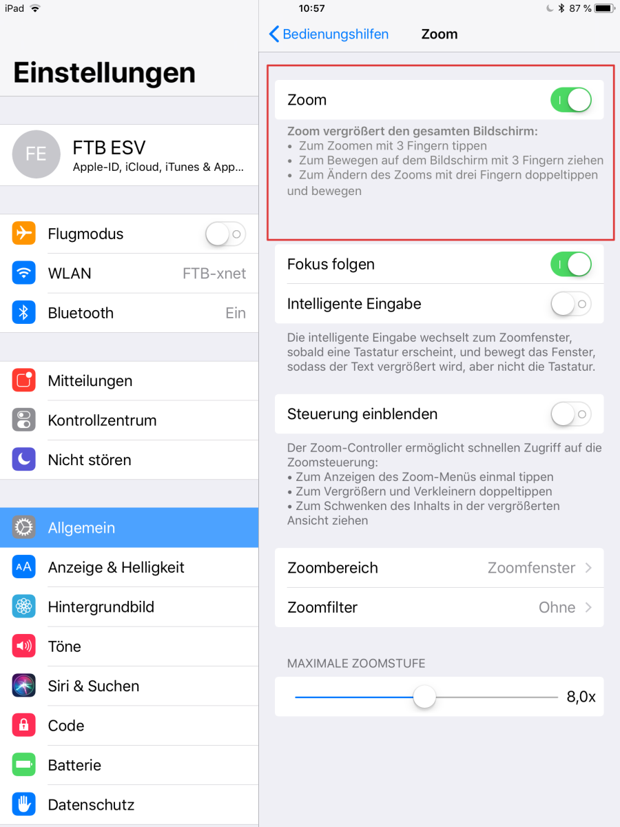 iOS-Einstellungen zum Zoom