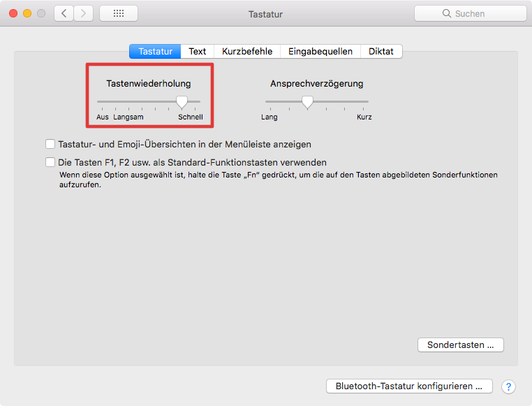 Mac-OS X Systemeinstellungen zur Tastatur mit Reiter Tastatur: TastenwiederholungSyste