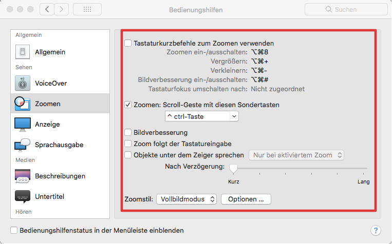 Einstellungen zum Zoomen in Mac-OS X