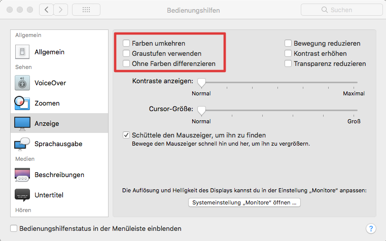 Einstellungen für Farbfilter in Mac-OS X