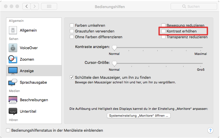Einstellungen zum Erhöhen des Kontrastes in Mac-OS X