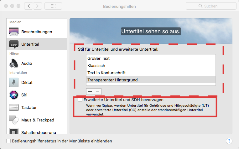 Bedienhilfen Mac-OS X: Untertitel anzeigen