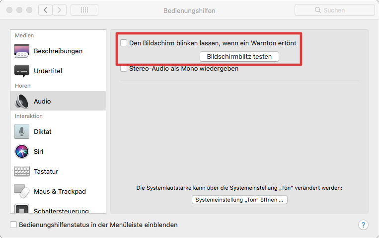 Bedienhilfen Mac-OS X: Bildschirm blinken lassen