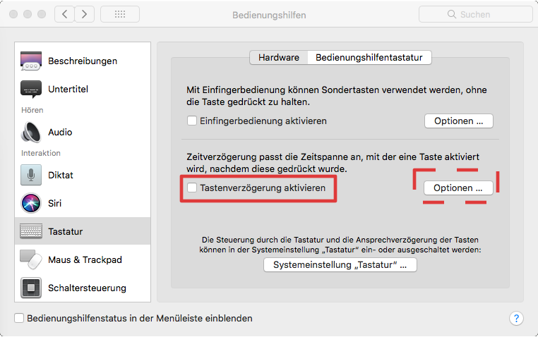 Bedienhilfen in Mac-OS X: Tastenverzögerung