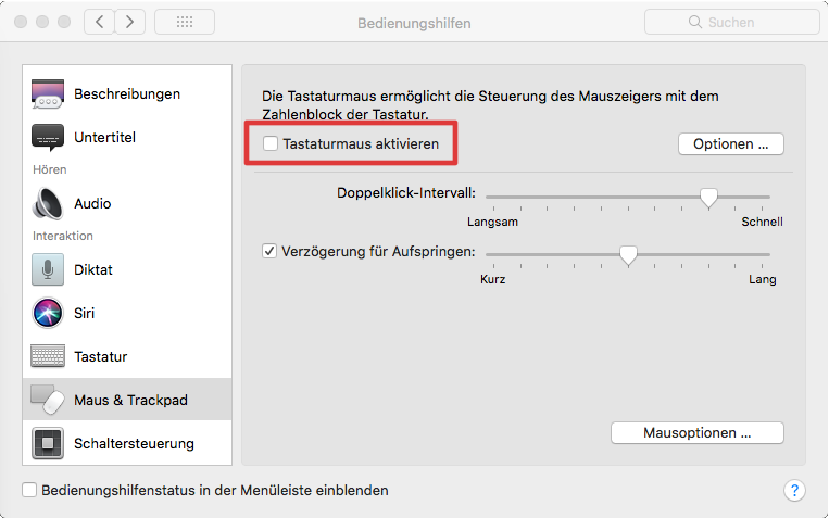 Bedienungshilfen inMac-OS X: Tastaurmaus aktivieren im UntermenüMaus und Trackpad