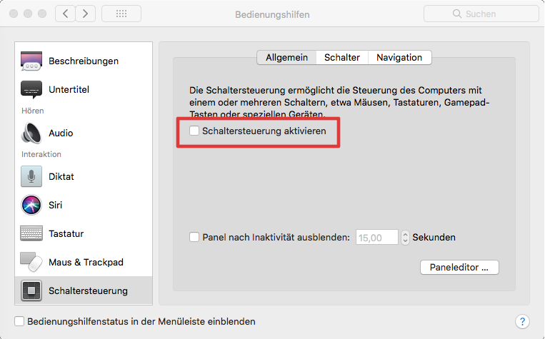 Mac-OS X-Bedienhilfen: Schaltersteuerung