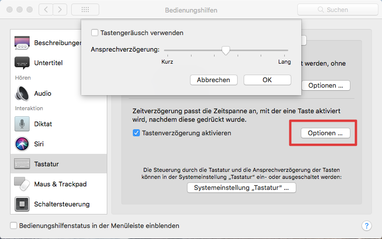 Bedeinungshilfe Mac-OS X: Optionen zur Tastenverzögerung