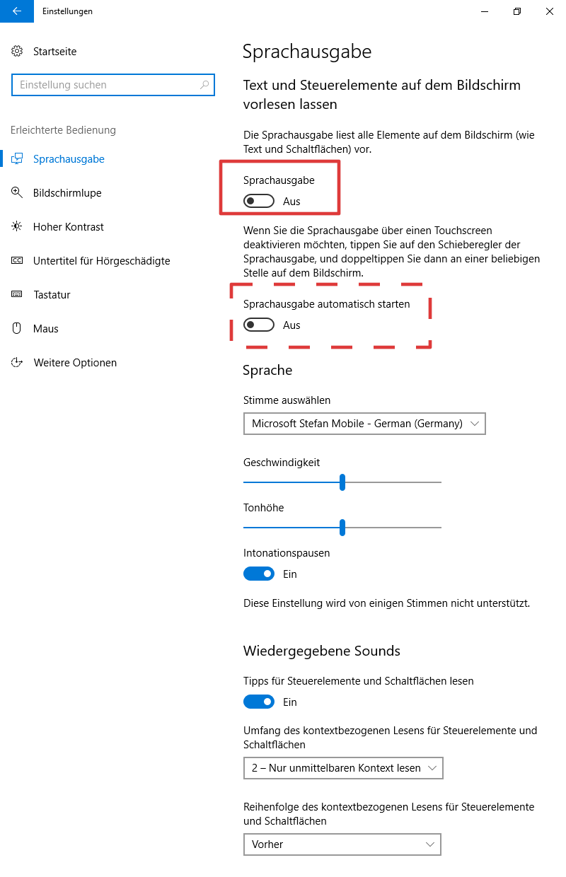 Erleichterte Bedienung Windows 10: Sprachausgabe