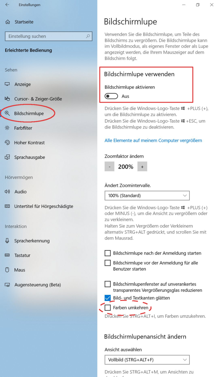 Windows 10 Einstellungen Bildschirmlupe