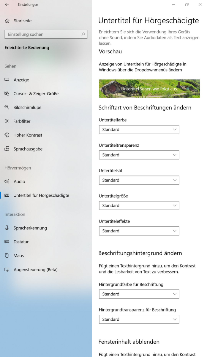 Einstellungen in Windows 10 zu Untertiteln für Hörgeschädigte