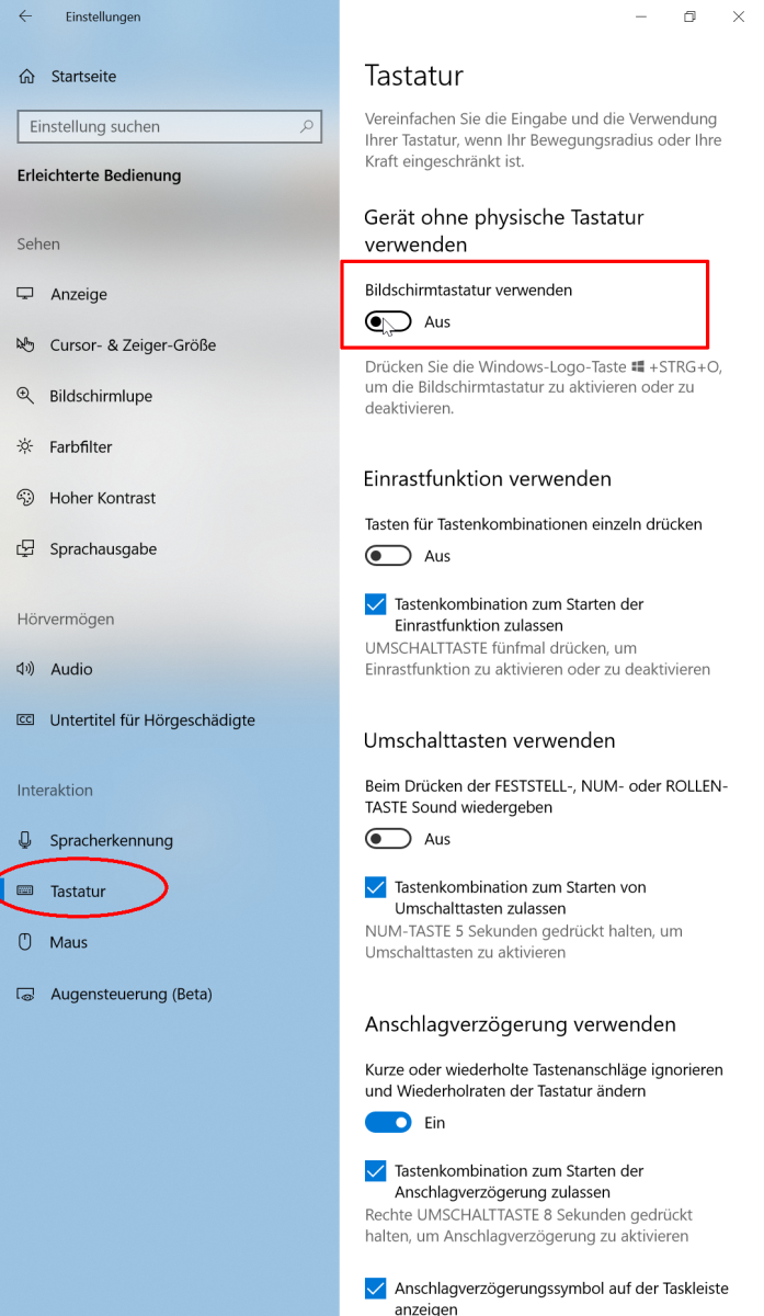 Windows 10 Bildschirmtastatur einschalten