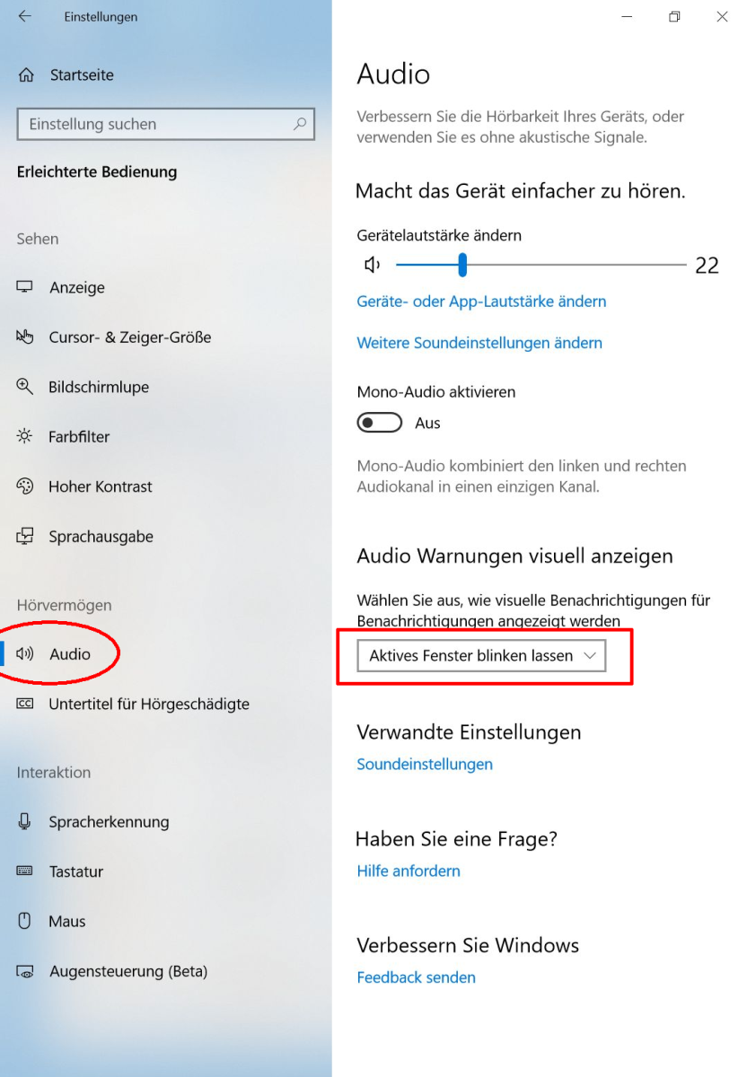 Windows 10: Visuelle Alternativen zum Wiedergeben von Sounds