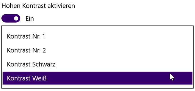 Einstellungen von hohen Kontrasten in Windows 10: Designauswahl