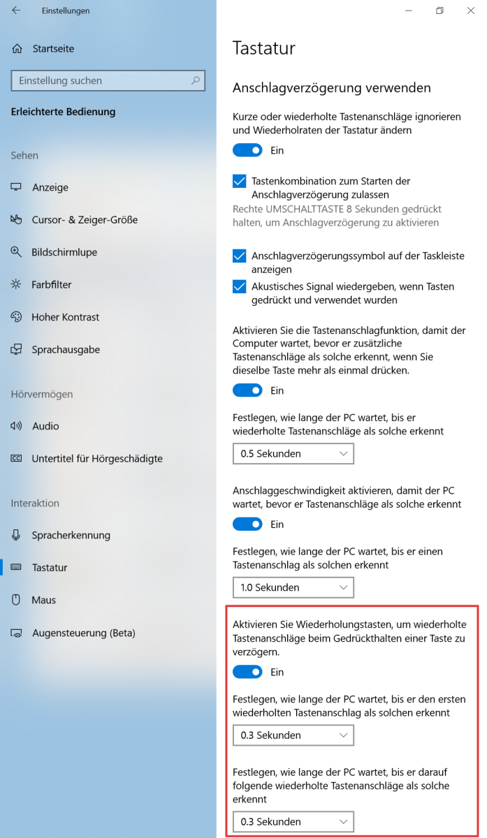 Windows 10: Einstellung der Wiederholungstasten