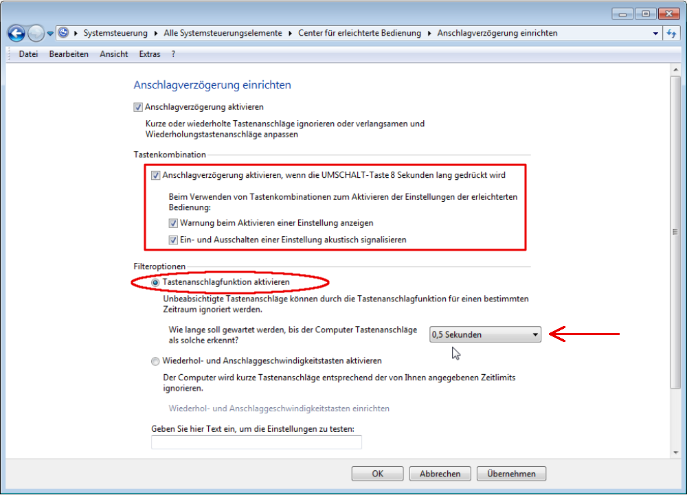 Windows Einstellungen: bearbeiten der Anschlagverzögerung