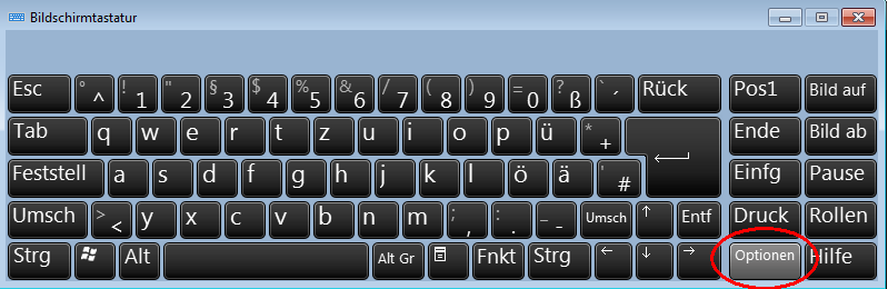 Windows-Bildschirmtastatur, markierte Schaltfläche: Optionen